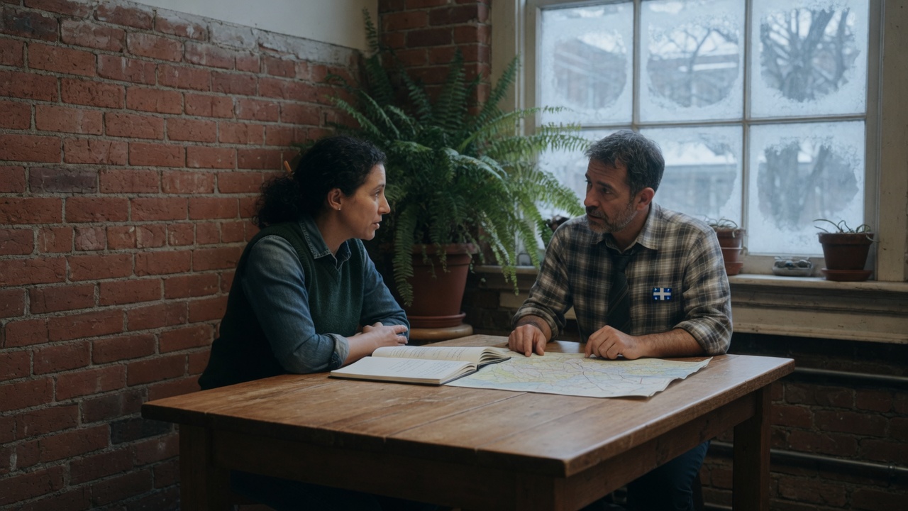 Two people at a table with a map and an open notebook.