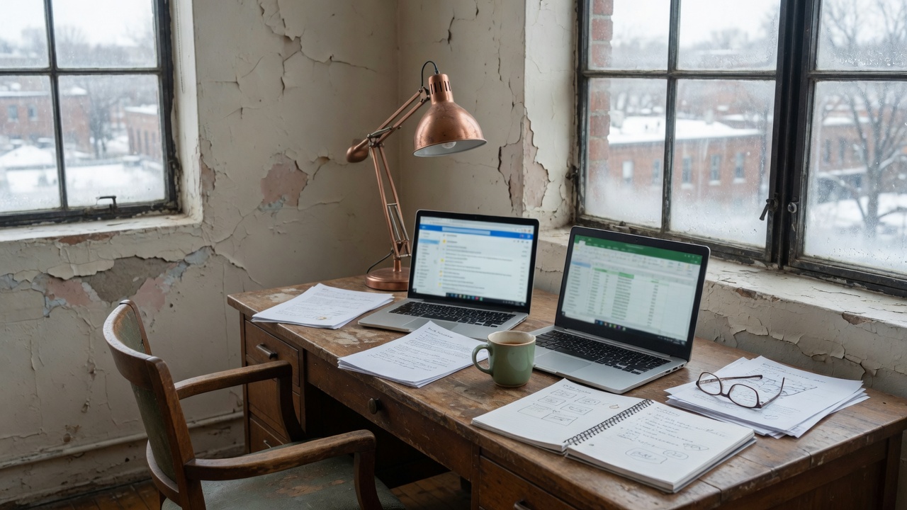 Empty office, two laptops, a copper floor lamp.
