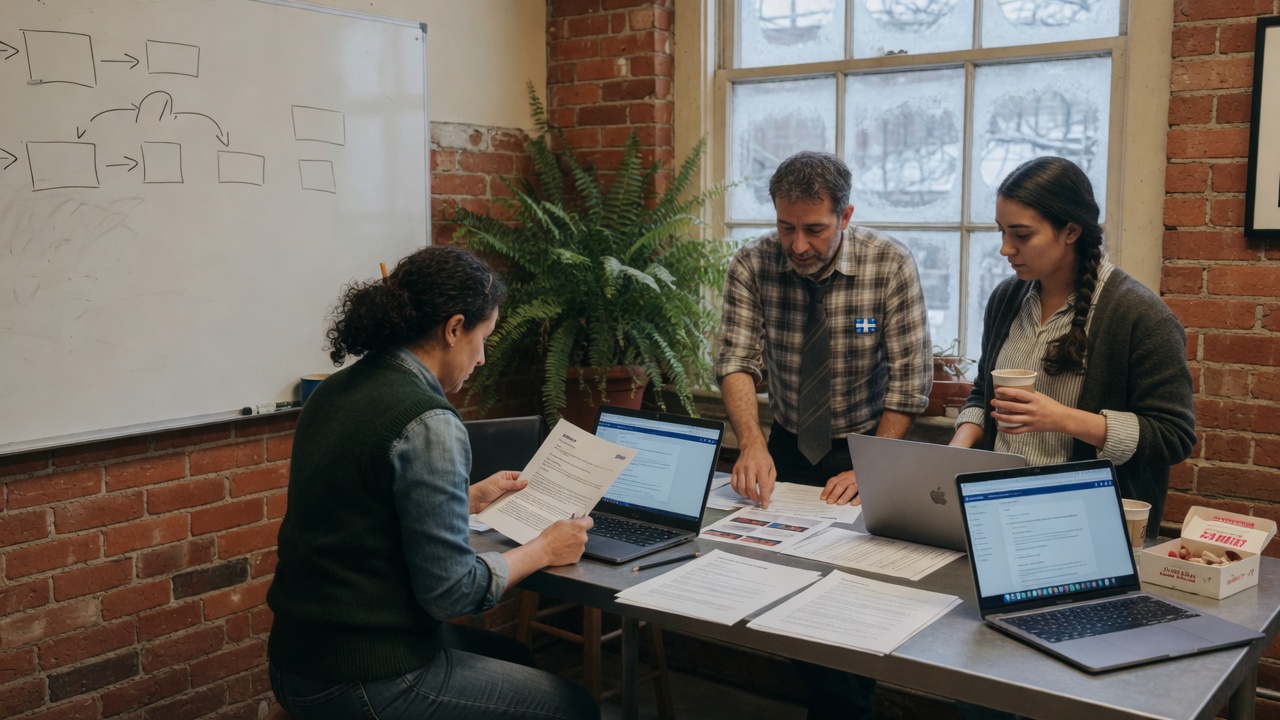 Three people around a table, a whiteboard and laptops.