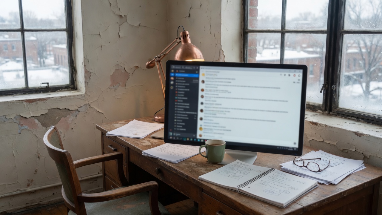 One large monitor with a team-chat thread, empty chair.