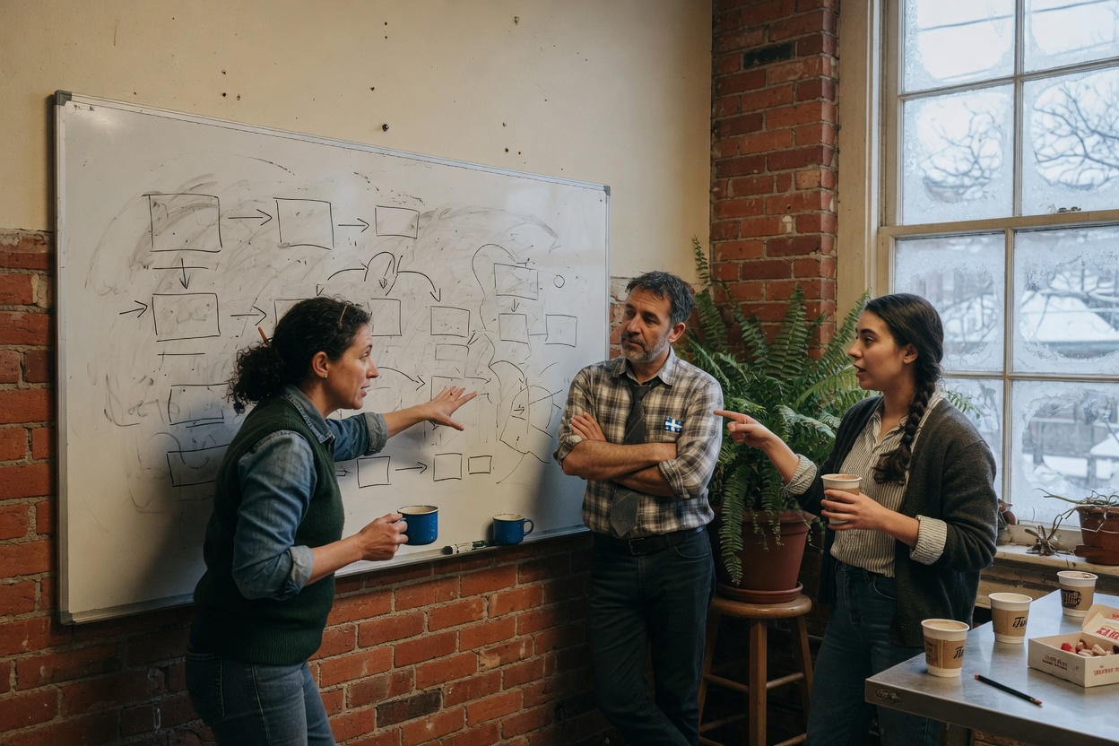 A team at a whiteboard, drawing a work process.