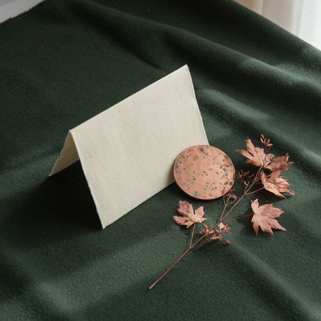 Still life: a linen card, a copper object, and a dried maple leaf.