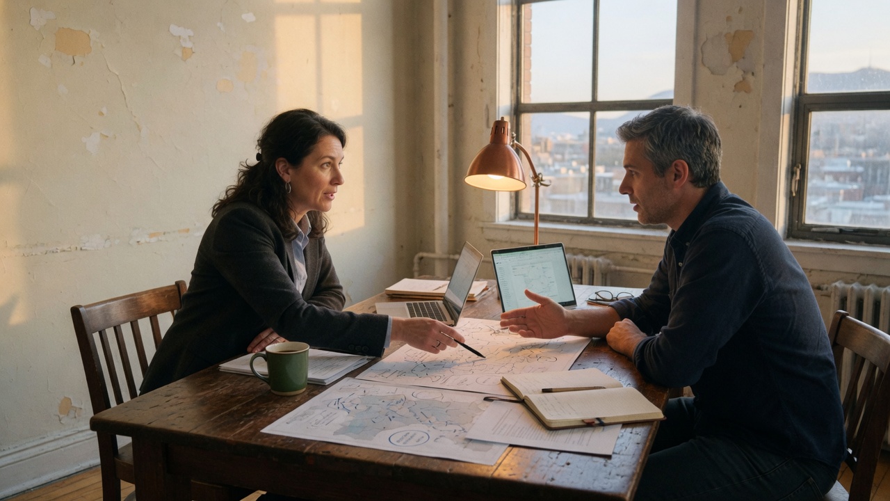 Two people at a table with maps and notes, tracing a route.